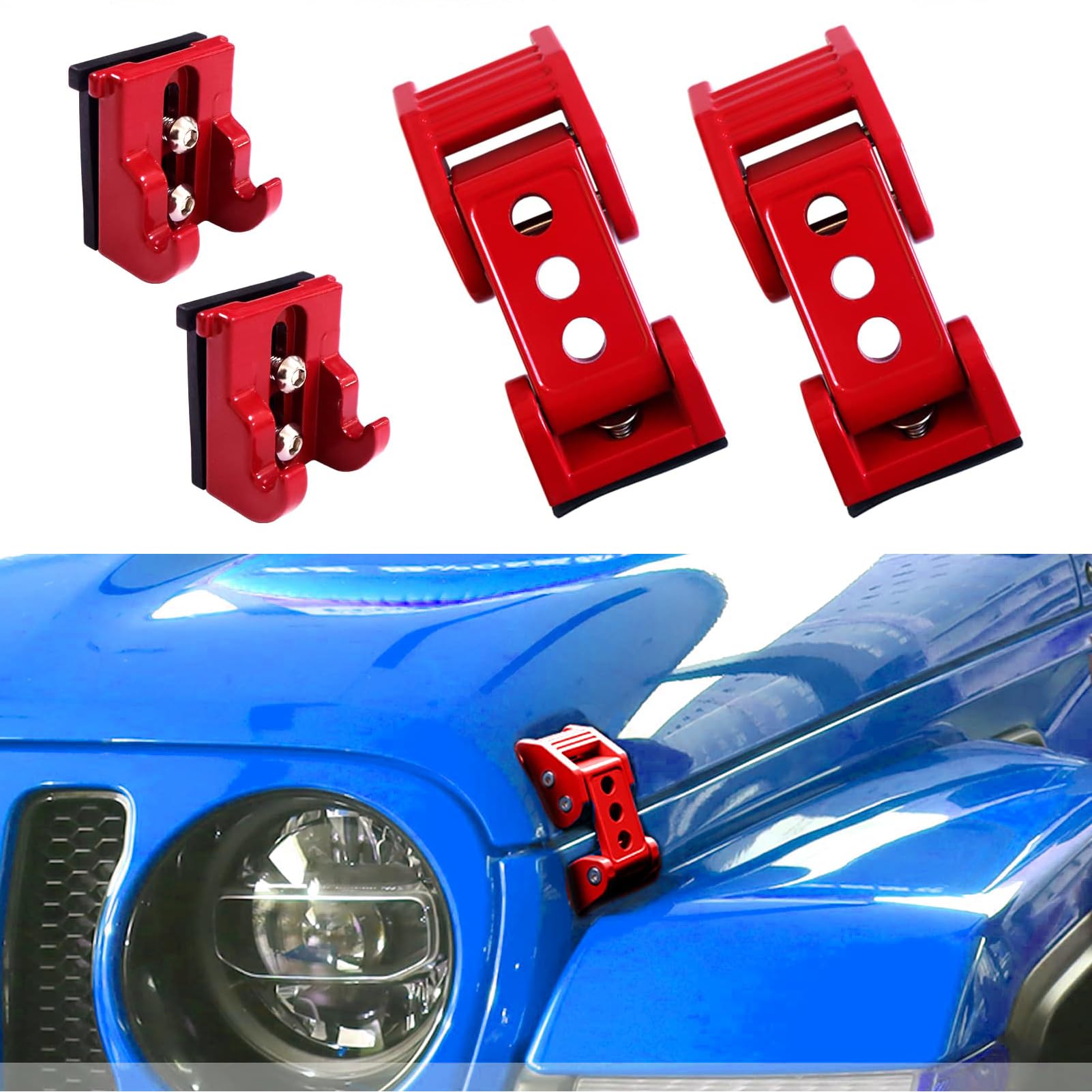 Unifizz Kit de bloqueo de capó de 2 puertas y 4 puertas de acero inoxidable para Jeep for Wrangler JK JKU 2007-2018 y para Jeep Wrangler 2018-2022 JLJLU Gladiator (rojo)