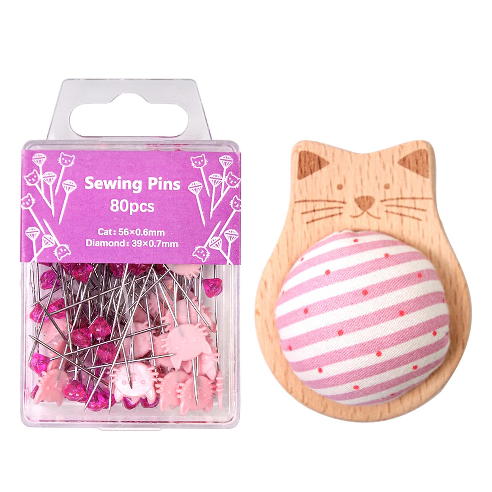 Kalttoy Wood Pin Cushion with 80 Straight Sewing Pin for Dressmaking Needlework Sewing Quilting Positioning with Holder Embroidery Cushion