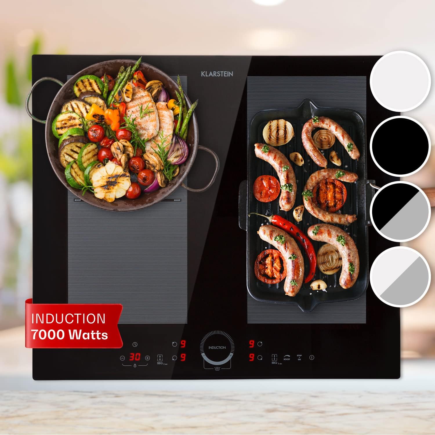 Klarstein Induction Hob, 7000W Electric Cooker, 4 Ring Pan, Built-In Table Top Cookers w/ 4 Hobs, Touch Control, Induction Heater Cooktops, Electric Hot Plates for Cooking