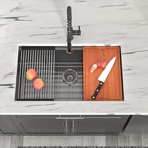 Miniatura 9 de Dcolora DC-U7708 - Fregadero de cocina de acero inoxidable negro de 30 pulgadas, estación de trabajo de montaje inferior, acero inoxidable negro