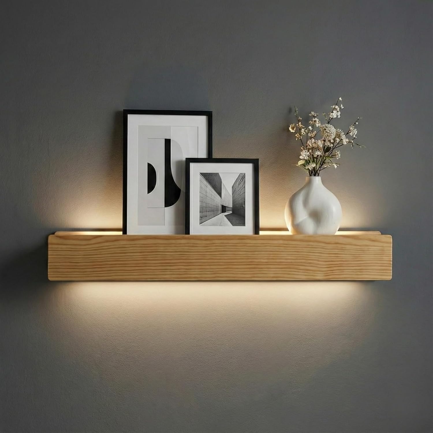 24" Natural Wood LED Floating Shelf, Heavy Duty Solid Pine Decorative Wall Mounted Shelf with Soft Ambient Lights, Minimalist Ledge for Living Room & Bedroom, Ideal for Scandinavian Home Decor