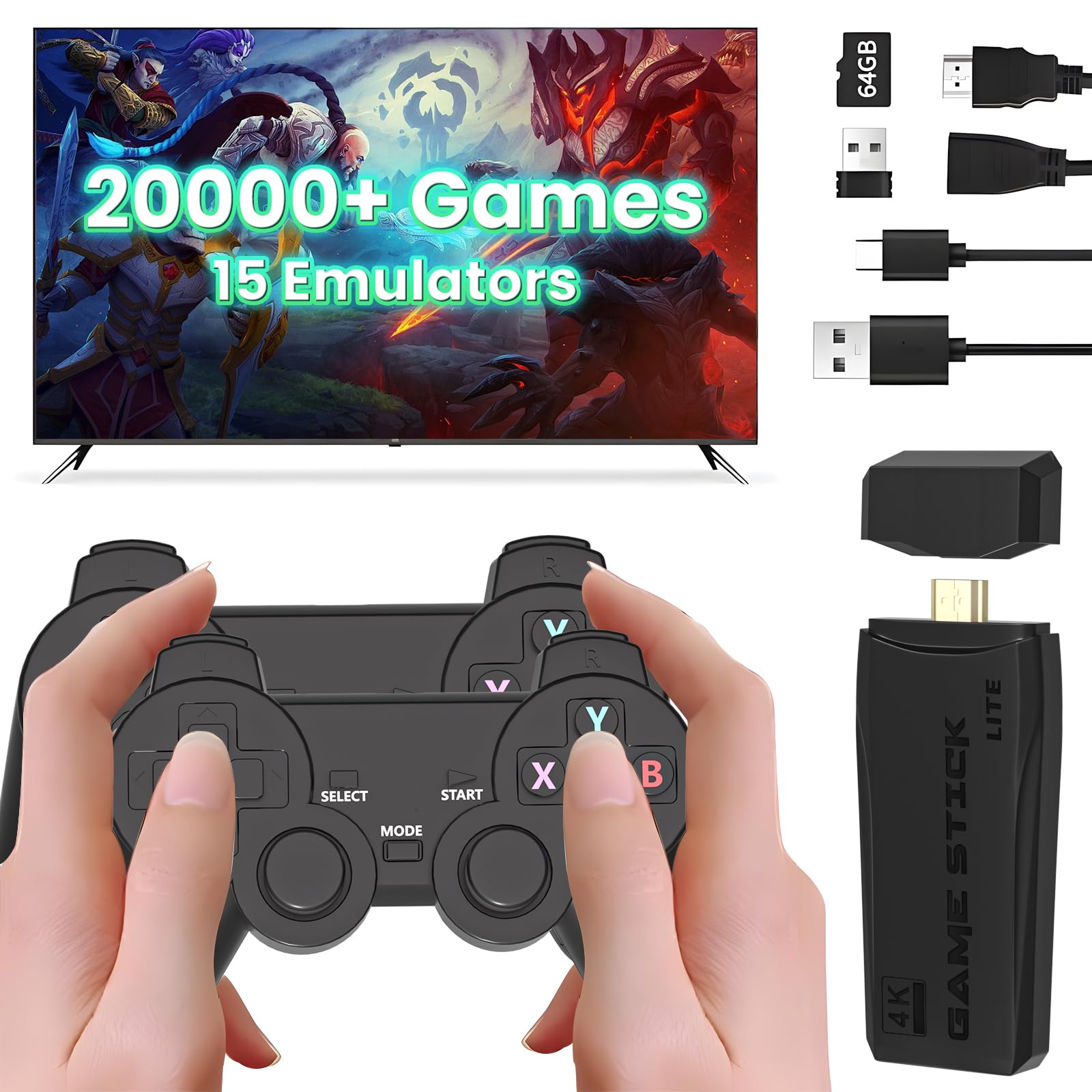 AMANKA 2025 Upgraded Retro Game Console,20000+Games Wireless Home Video Game Console,Built-in 9 Emulators with Dual 2.4G Wireless Controllers,Plug and Play Video Game Stick