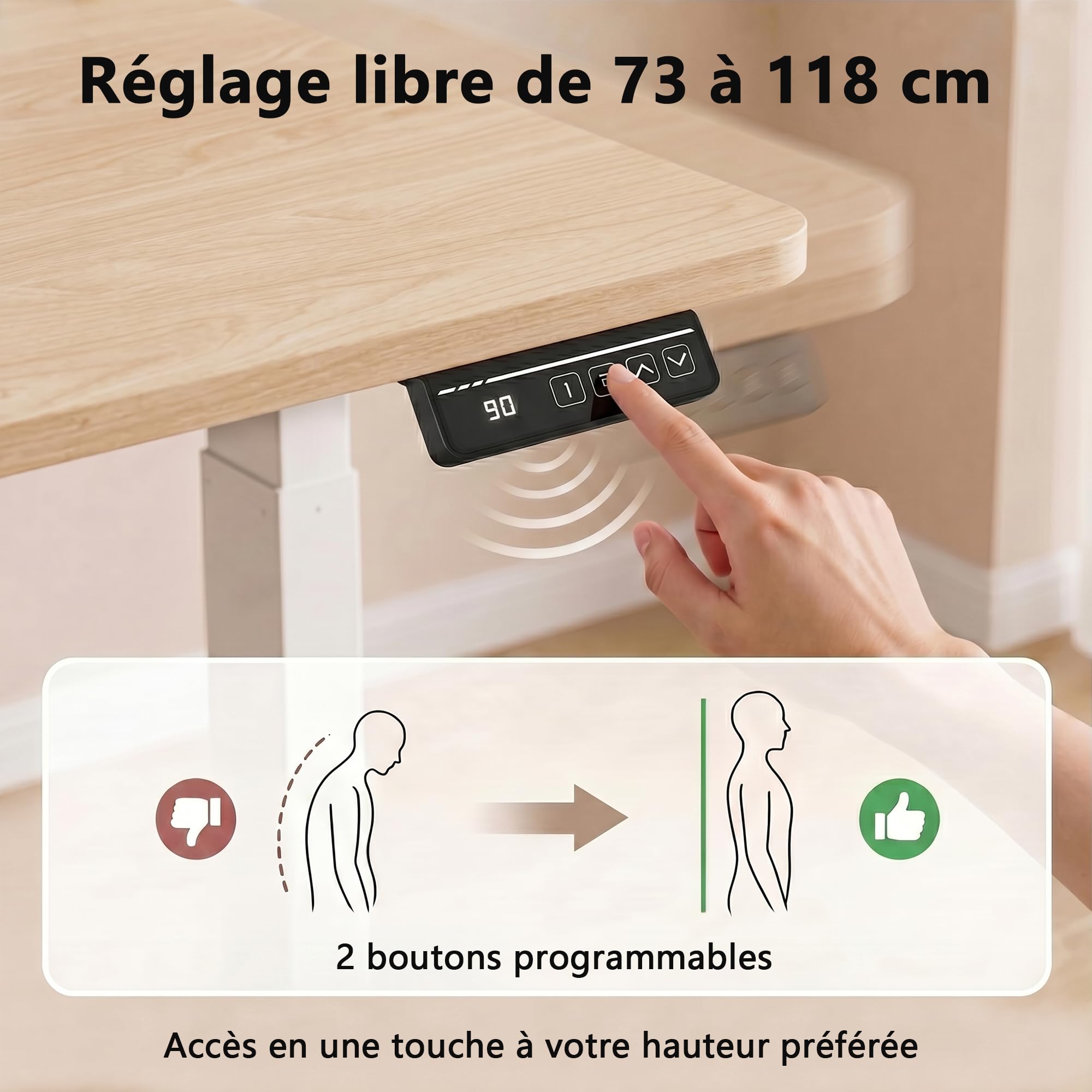 JUMMICO 120×60 cm Scrivania regolabile in altezza, telecomando 4 tasti con funzione memoria e gancio integrato, ideale per ufficio, studio e gaming, Beige | Scrivania per computer regolabile in altezza con 2 memorie, postazione di lavoro ergonomica con pa