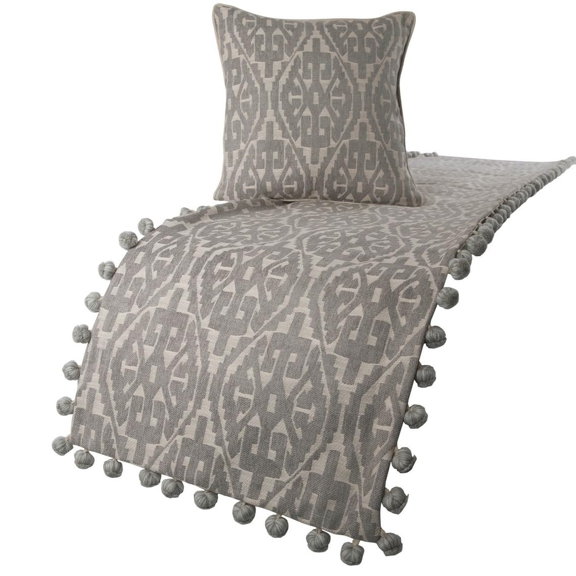 The HomeCentric Grey Bed Runner, King Size 225 x 45 cm Decorative Bed Runner With 2 Matching Cushion Cover, Grey Cotton Bed Scarf in Aztec Pattern with Tassels - Grey Aztec