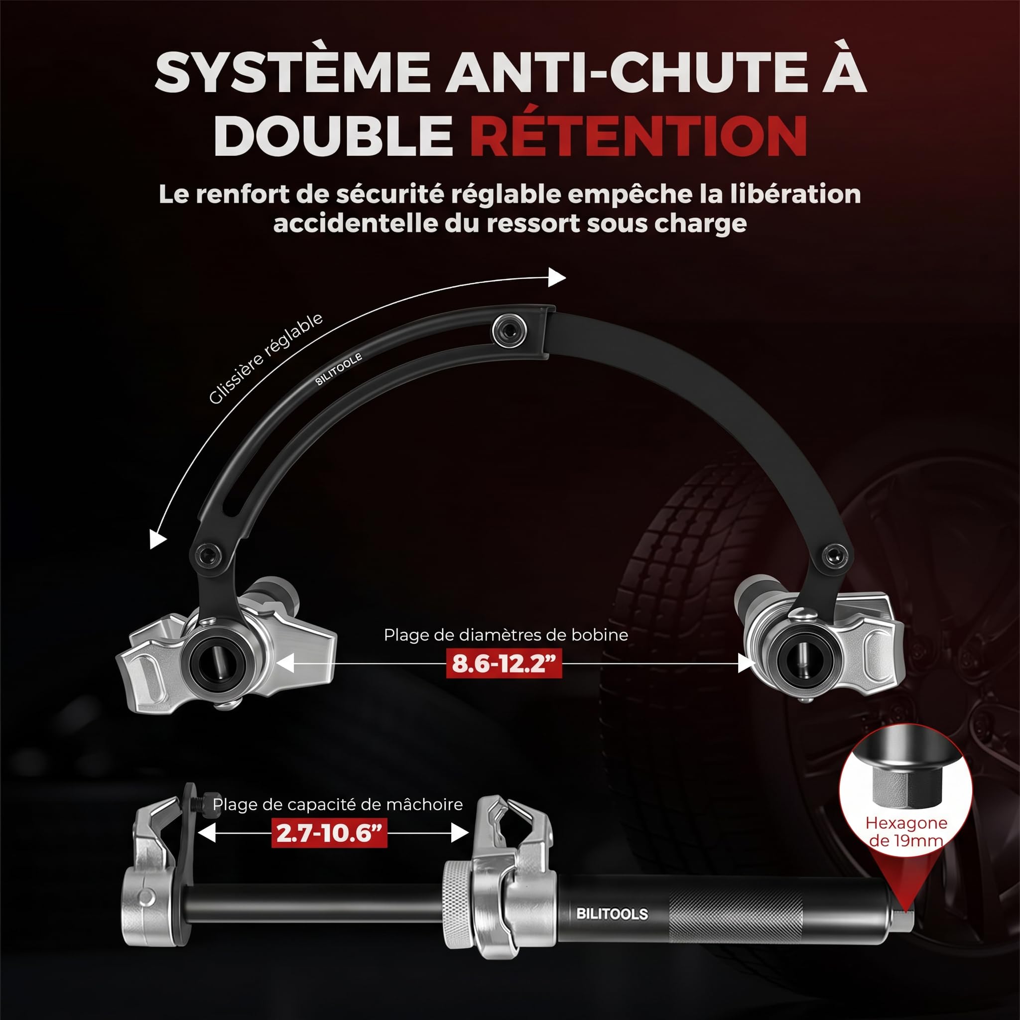 BILITOOLS Lot de 2 Compresseurs de Ressort Amortisseur Macpherson | Professionnel, charge 1200kg, outil auto robuste, compresseur ressort hélicoïdal, étrier de sécurité inclus