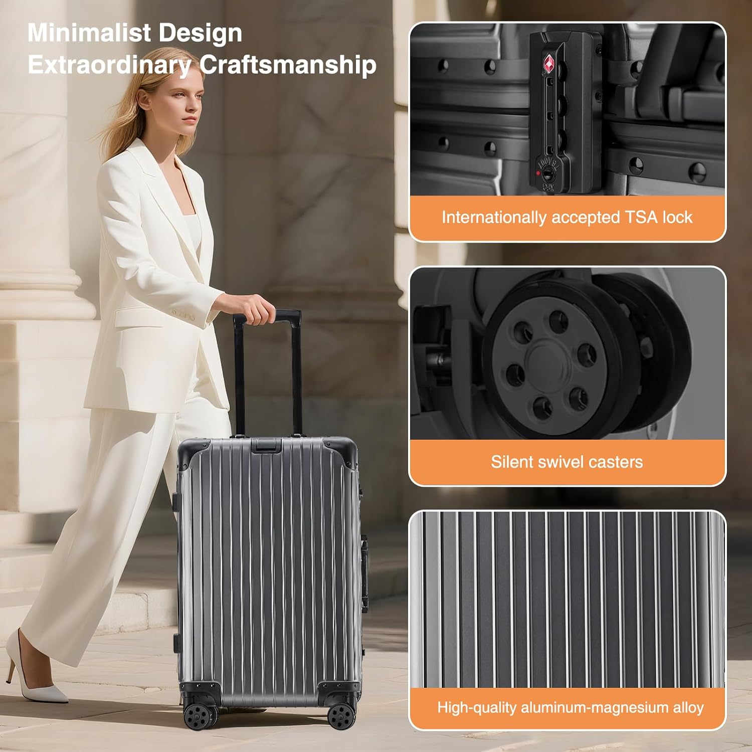 All aluminum carry on luggage 22x14x9 Airline Approved, aluminum luggage, Hard Shell Carry On Luggage with Spinner Wheels, zipperless luggage (Grey, 20)