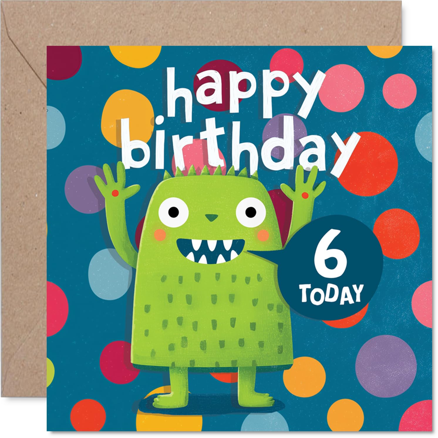 Playful 6th Birthday Card - Bursting with Colour and Fun - Cheery Green Monster with Bright Polka Dots - 145mm Square, Envelope Included