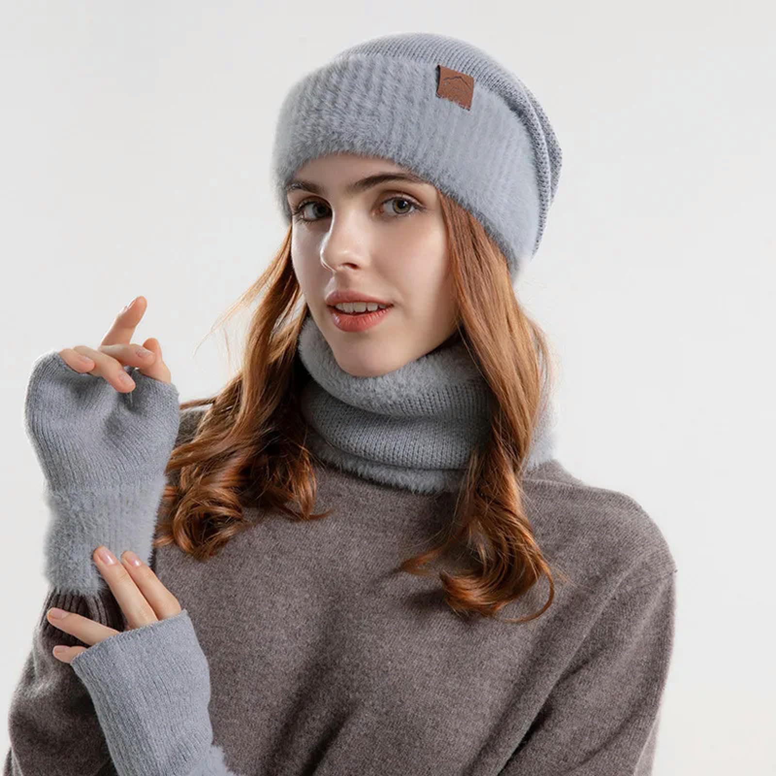 Schal Mütze Handschuh Set Winter Gestrickte Mütze Hut Halswärmer Handschuhe Mode Außenhut Für Frauen