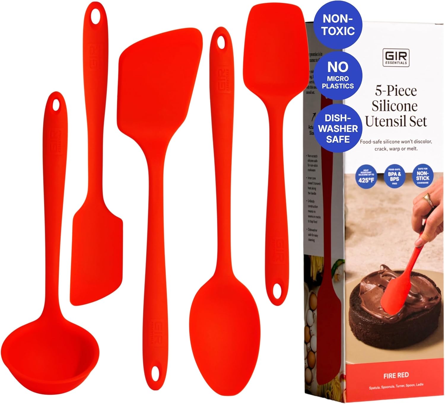 GIR 5-Piece Silicone Kitchen Utensils Set, Non-Toxic Cooking Utensils for Cooking and Baking, Heat Resistant, Food Grade, Dishwasher Safe Rubber Spatula, Ladle, Spoon - Fire Red