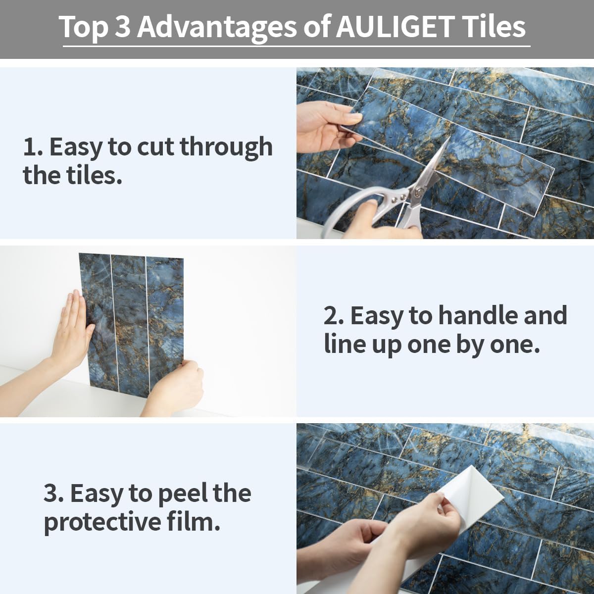 AULIGET 40-Piece Polished Blue Marble Peel and Stick Backsplash Wall Tiles, 3" x 12" PVC Faux Stone Stick on Tiles for Backsplash Kitchen, Bathroom, Laundry Room, Camper, Fireplace