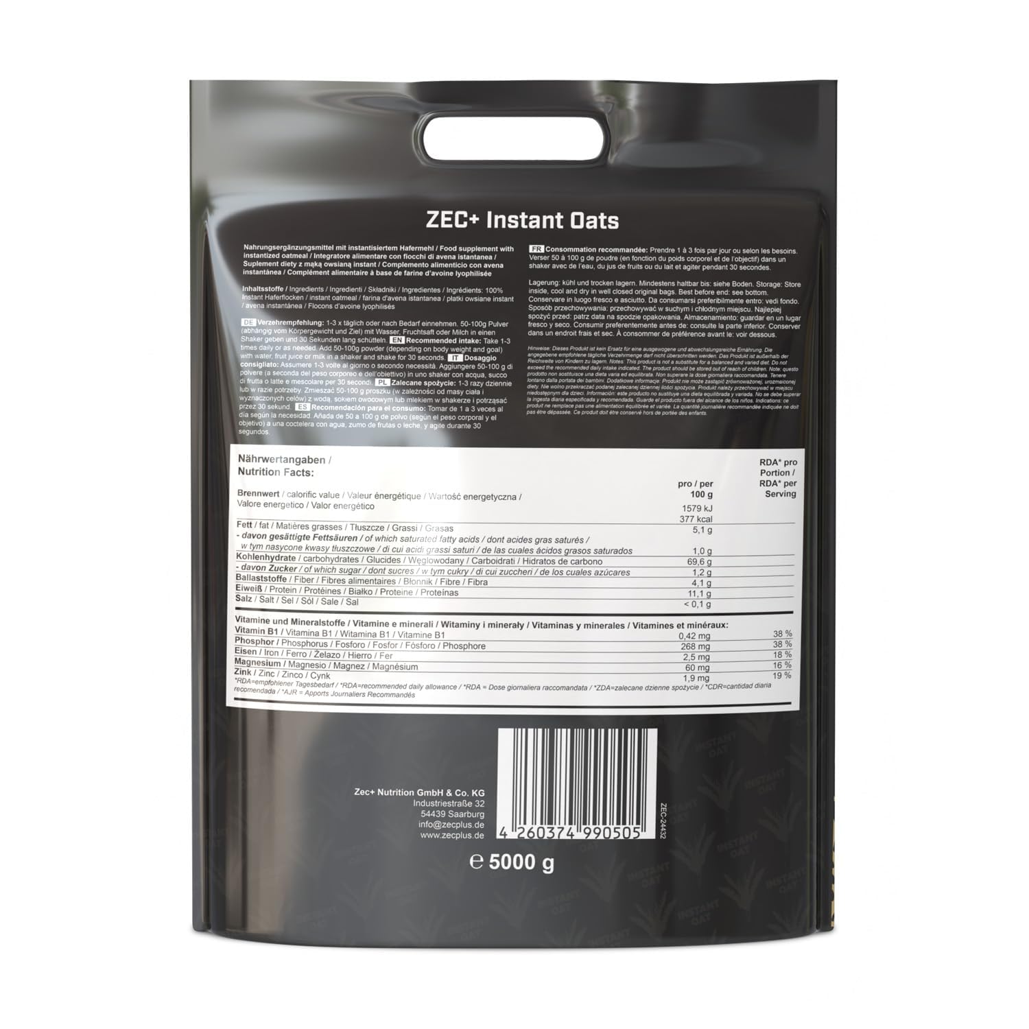 ZEC+ Instant Oats - 5kg, instantisiertes Hafermehl aus Hafervollkornmehl, feine Haferflocken gemahlen, für Shakes, Porridge, Pancakes & Backen, Kohlenhydratquelle, 68 g Kohlenhydrate pro 100 g