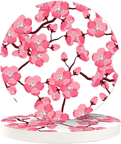 Posavasos japoneses con diseño de flores de cerezo para automóvil, portavasos absorbentes de cerámica con muesca de dedo y base de corcho para