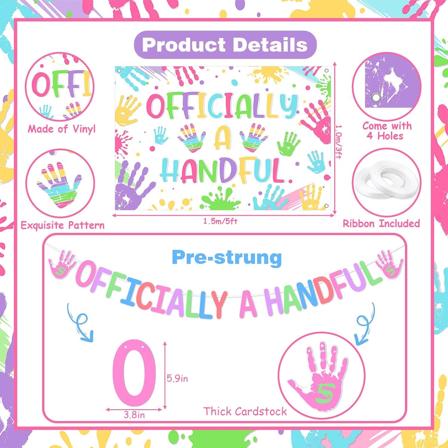 Hi Five Birthday Party Decoration Girl, Officially a Handful 5th Birthday Decoration Handprint Pastel Backdrop Banner Cake Cupcake Topper Foil Latex Balloon for High Five 5th Supplies