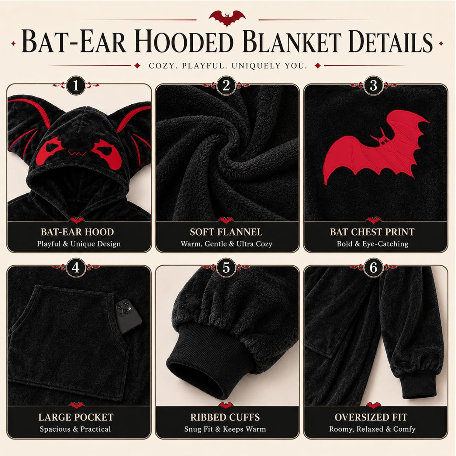 Wearable Bat Blanket Hoodie Oversized Bat Hooded Robe Flannel Blanket Sweatshirt with Bat Ears Giant Pocket for Adult