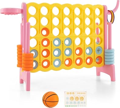 GYMAX Giant 4 in a Row Game, Jumbo Connect 4 Garden Games with 42 Rings, Basketball Hoop, Ring Game & Quick-Release Slider, Outdoor Four in a Row Toys for Kids Adults Family Yellow+Pink