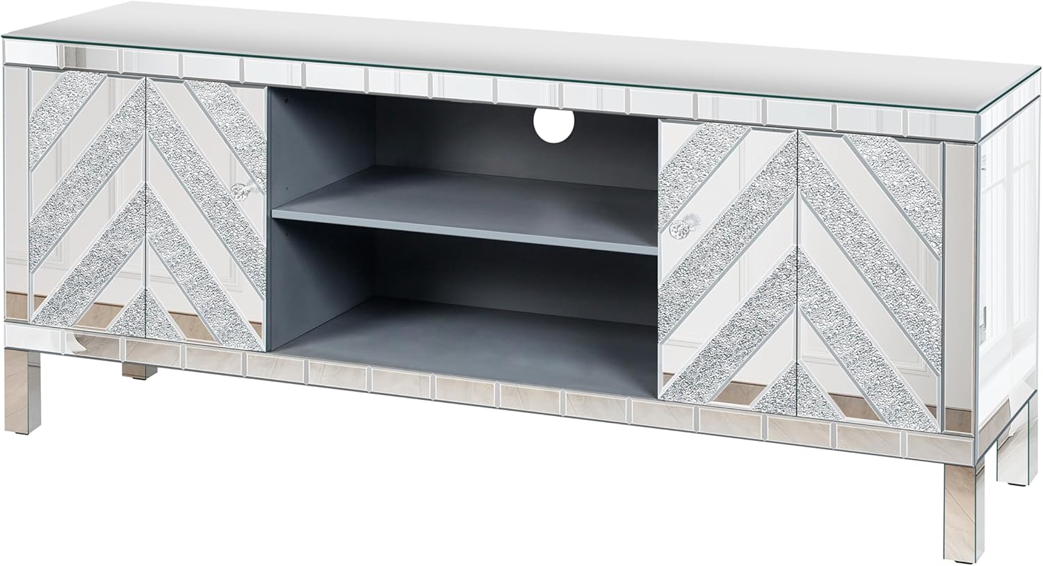 47" Mirrored TV Stand for 50+ inch TV, 2-Door Sliver TV Console Table with Open Storage & 2 Storage Cabinets, Diamond-Shape Sparkling Mirror Doors Mirrored Furniture for Living Room