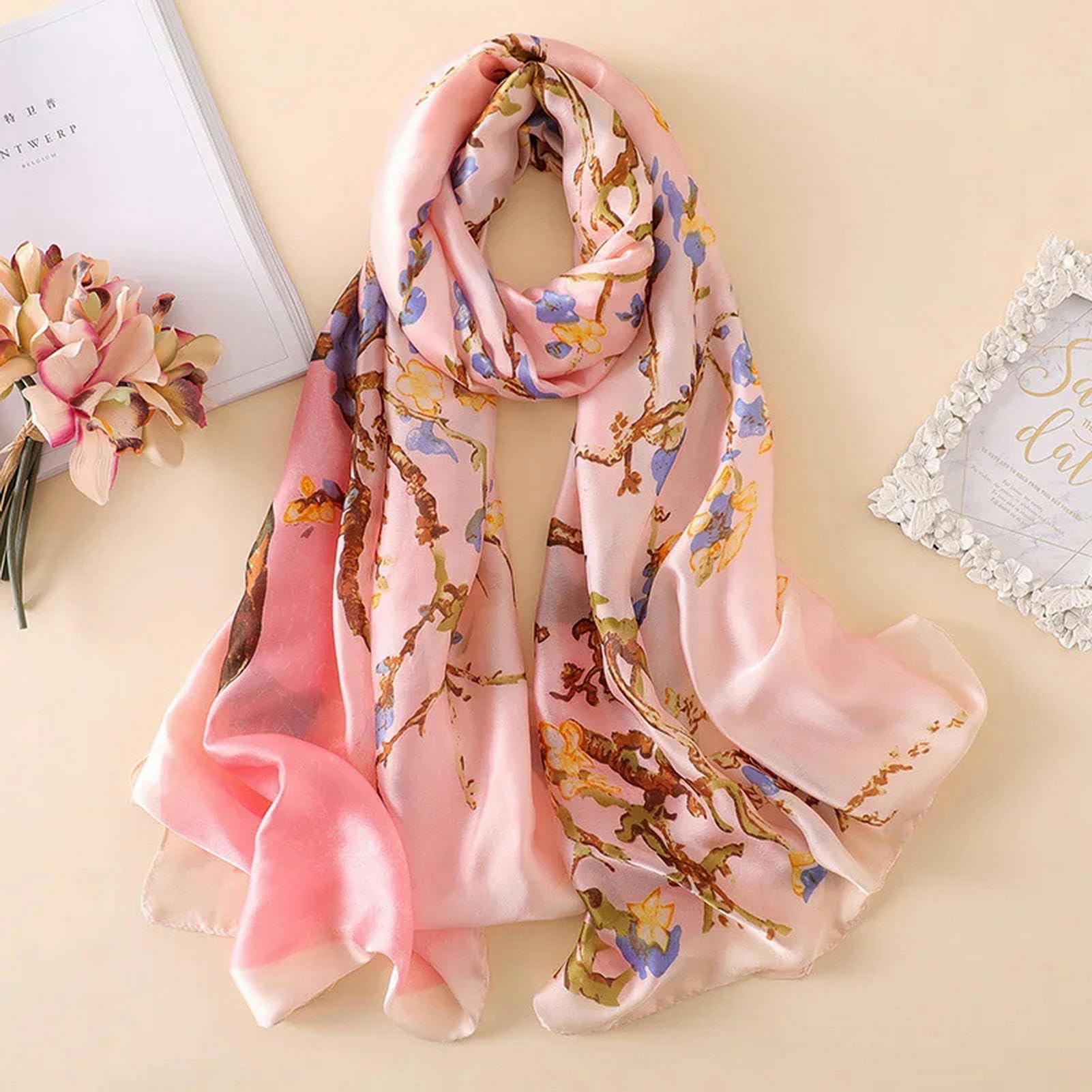 Bufanda Mujer Turbante De Seda Floral De Albaricoque Elegante Bufanda De Chal De Seda De Pintura Al Óleo para Mujeres - Envolturas De Hijab De La Cabeza Femme De Moda