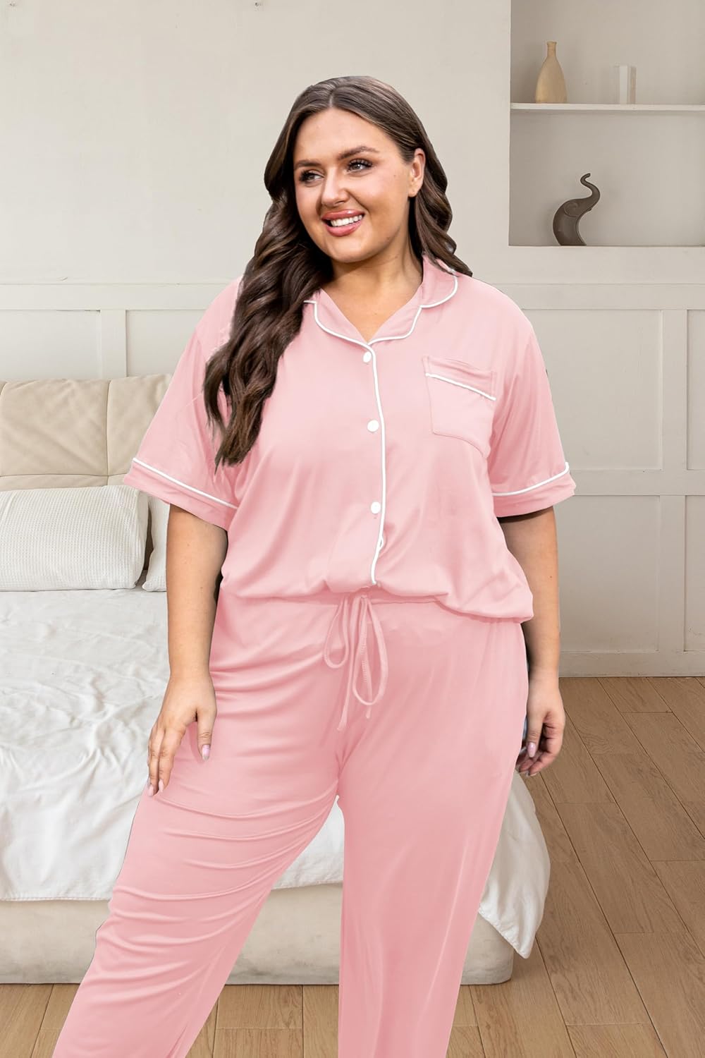 Vozanet Women's Plus Size Pajamas Button Down Shirt and Pants Soft Lounge Sets Bride Nighty Bottom with Pockets 1x to 5x - Image 3