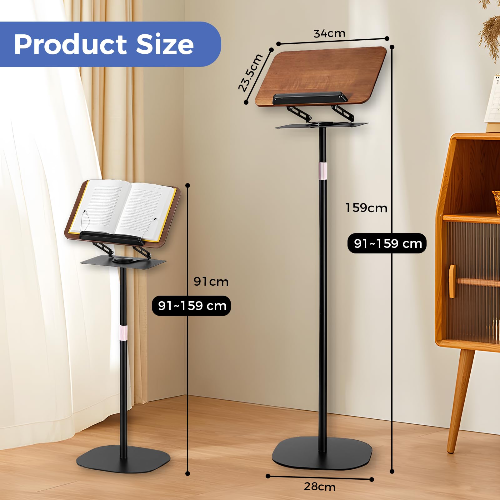 Boekenhouder, 90 cm, instelbaar, boekenstandaard, hout, 360 graden