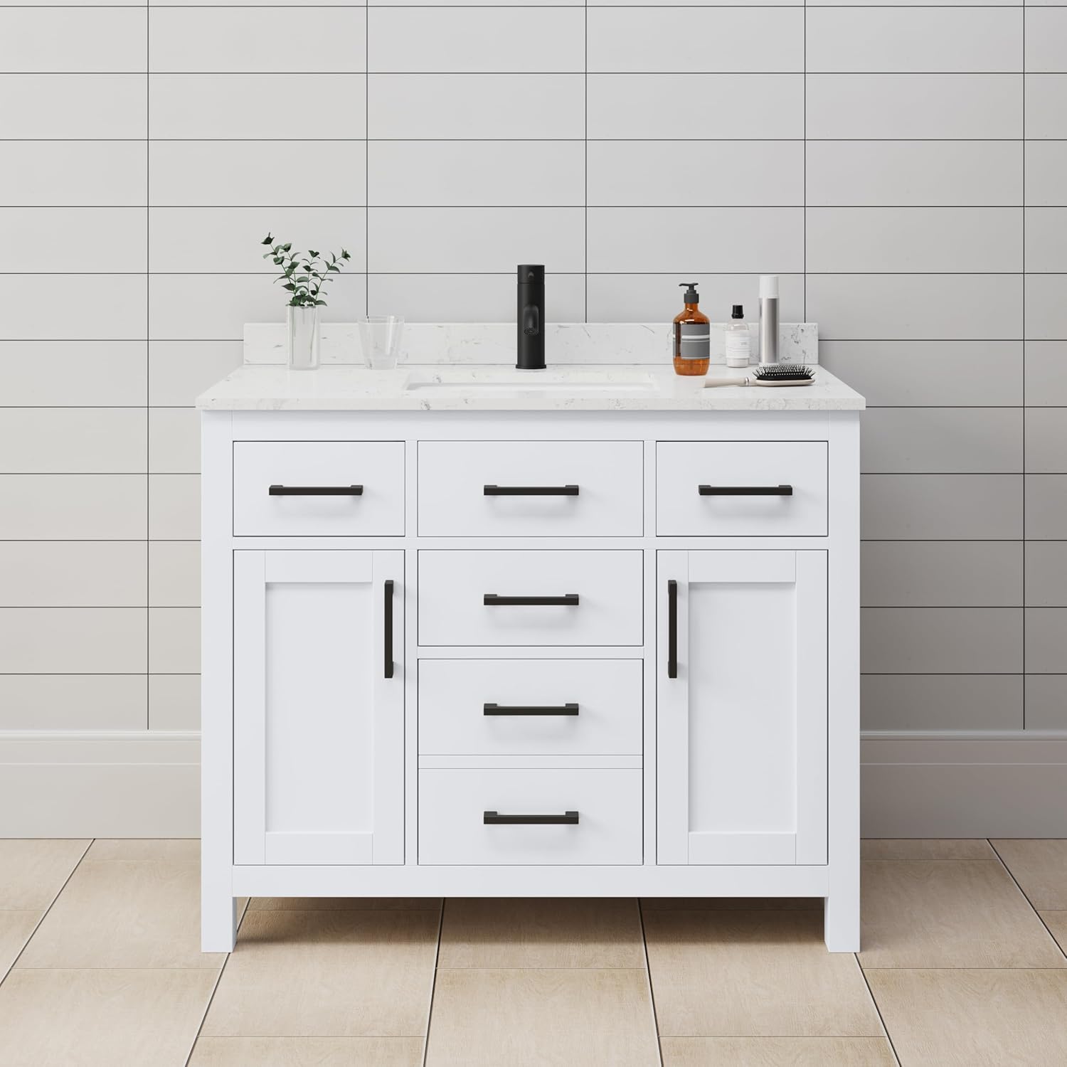 Beckett 42 Inch Single Bathroom Vanity in White, Carrara Cultured Marble Countertop, Undermount Square Sink, Matte Black Trim
