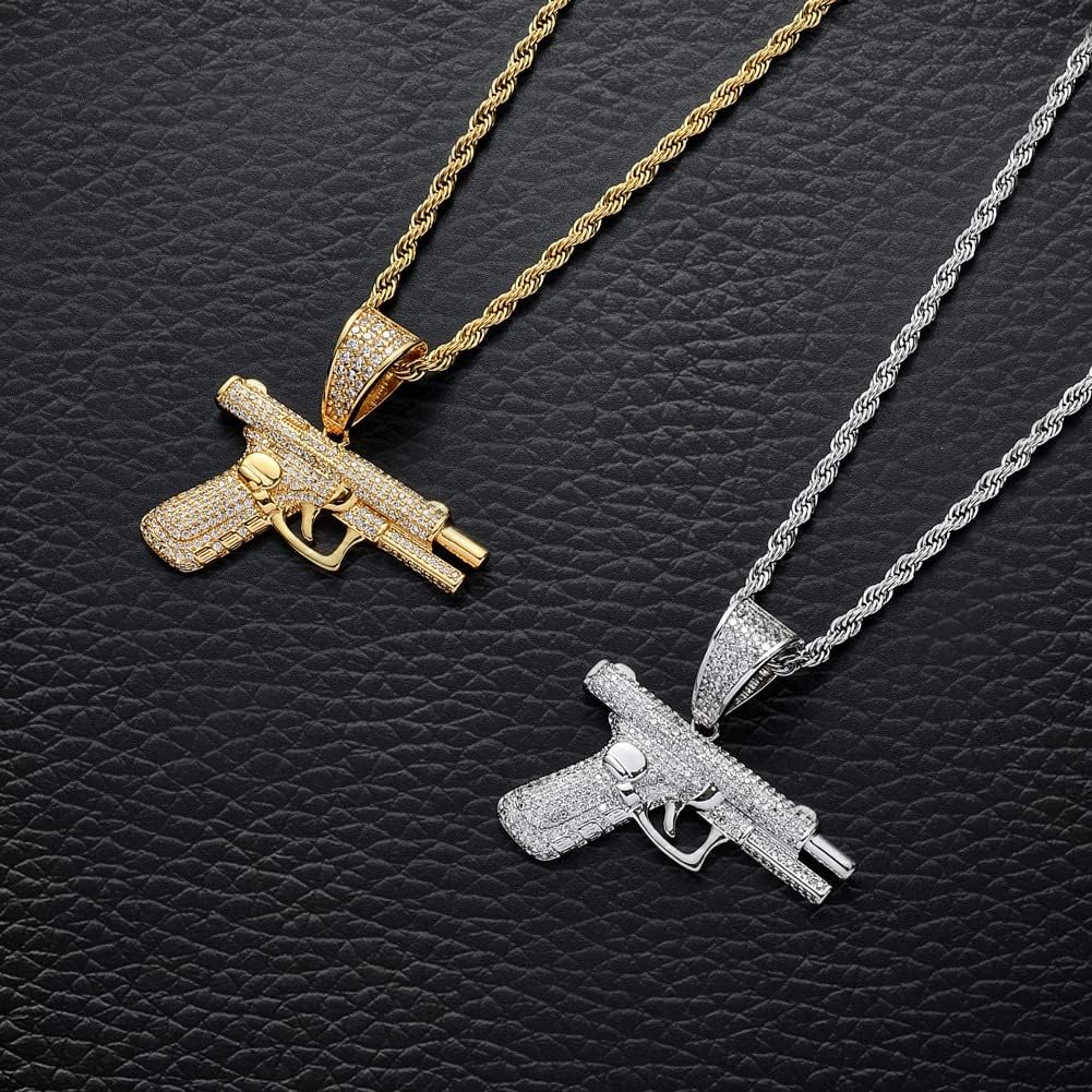 Rrdaily Hip Hop Zircon Pistol Pendant Necklace Stainless Steel Rice Rope Chain Gun Necklace for Men Jewelry Gifts - Image 4