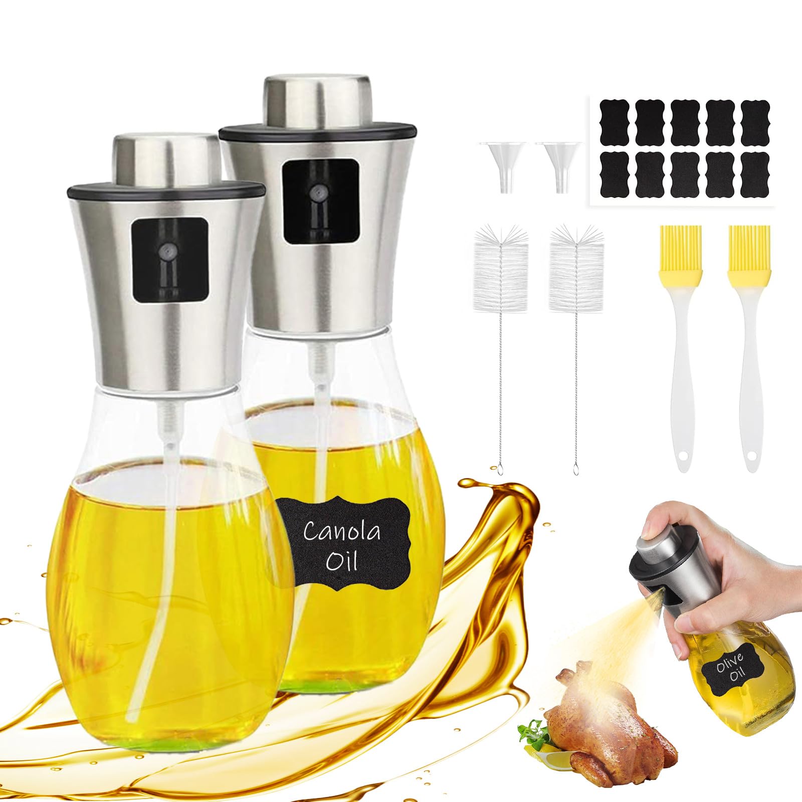 2 spruzzatori per olio da cucina, vetro da 2 x 200 ml, spray per olio da cucina, spray per olio d'oliva, Friggitrice ad Aria, Barbecue, Insalate - Dispenser Ricaricabile Antigoccia