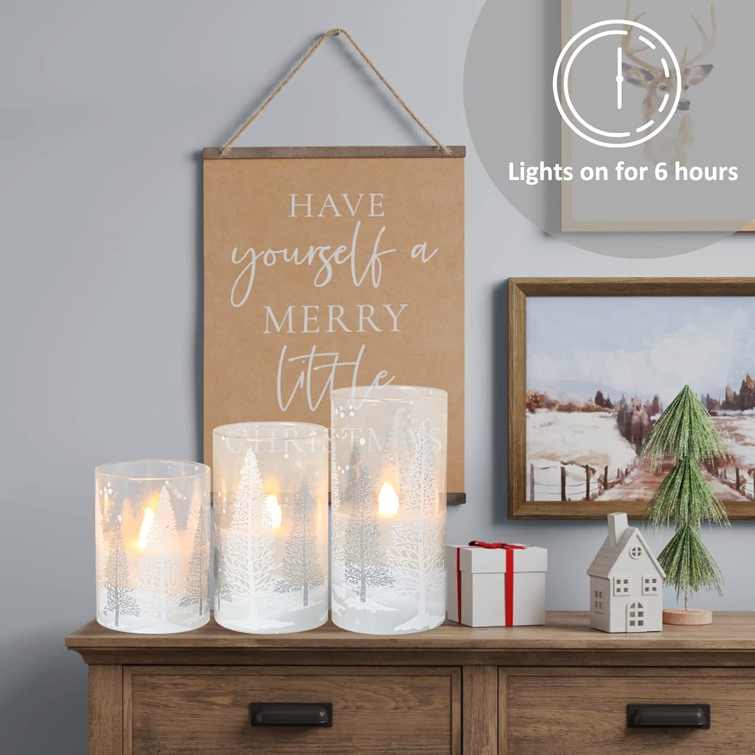 Christmas Flameless Candles with Timer, Holiday Led Glass Candles, Flickering Battery Operated Pillar Candles for Christmas Home Decorations