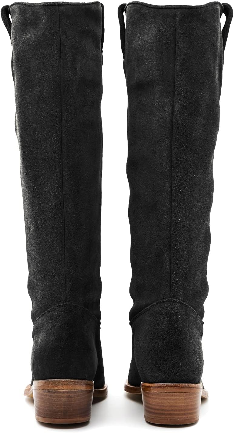 LEHOOR Women Stacked Heel Black Slouchy Knee High Western Boots Comfort Wide Calf Pointed Toe Velvet Suede Leather Black Cowboy Boots Low Heel Pull On Black Combat Boots Dressy Winter Winter Black 10 - Image 5