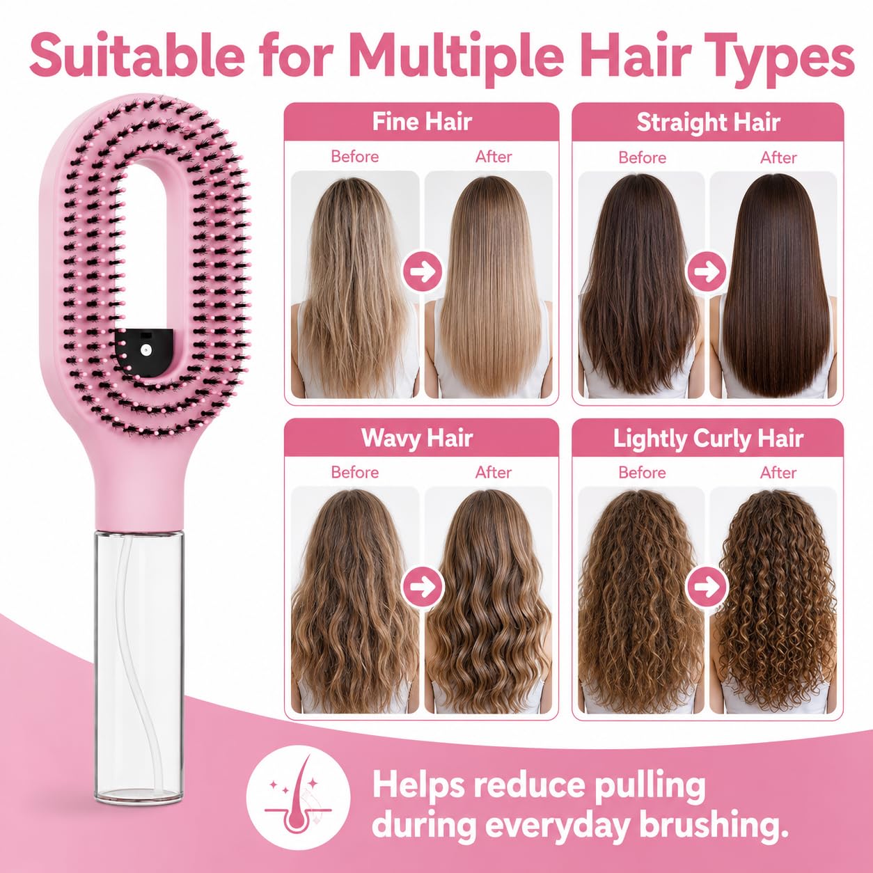 Hair Brush with Water Spray-2 in 1 Portable Hair Brush with Water Spray for Detangling and Styling hair mister spray bottle,Detangling Brush for Straight Hair & Curly，Pink