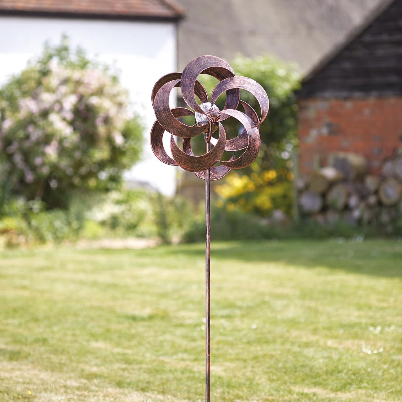 Aries Garden Wind Spinner with Solar Powered Crackle Glass Globe – Durable Weather Resistant Metal Outdoor Garden Summer Ornament Decoration with Multicoloured LED Light – Measures H132cm