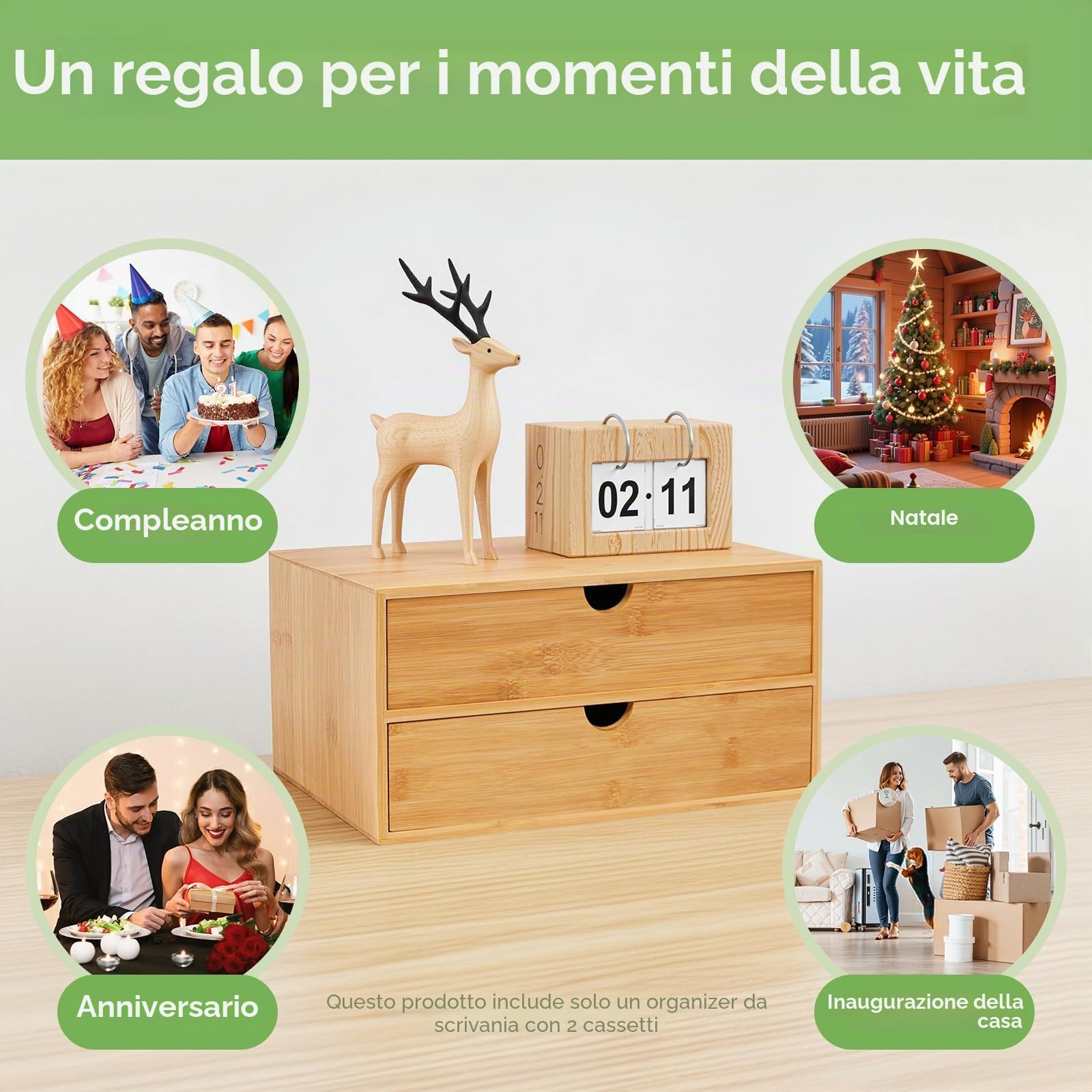Organizzatore per Scrivania, Cassetto in Bambù Mini Cassettiera, Design Monopezzo, Scaffalatura per Trucco con 2 Cassetti per Ufficio, Soggiorno e Camera da Letto