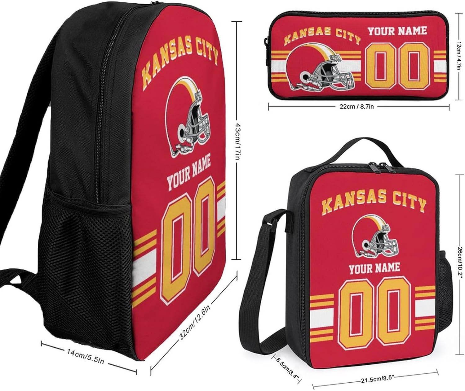 Custom Kansas City Backpack with Lunch Bag Pencil Case, Personalized Name and Number Backpacks Pencil Box Lunch Bags, Customize 3pcs Set Gifts for Men Women Fans - Image 2