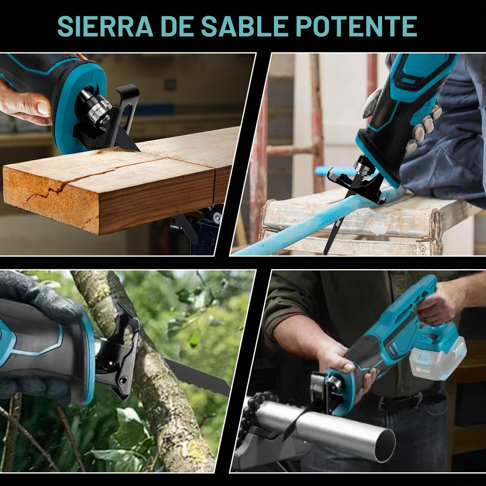 Sierra Sable Inalámbrica Compatible con Makita 18V | para Cortar Madera y Metal con 4 Hojas de Sierra Alternativa, Gafas de Seguridad y Guantes (Sin Batería/Sin Cargador)