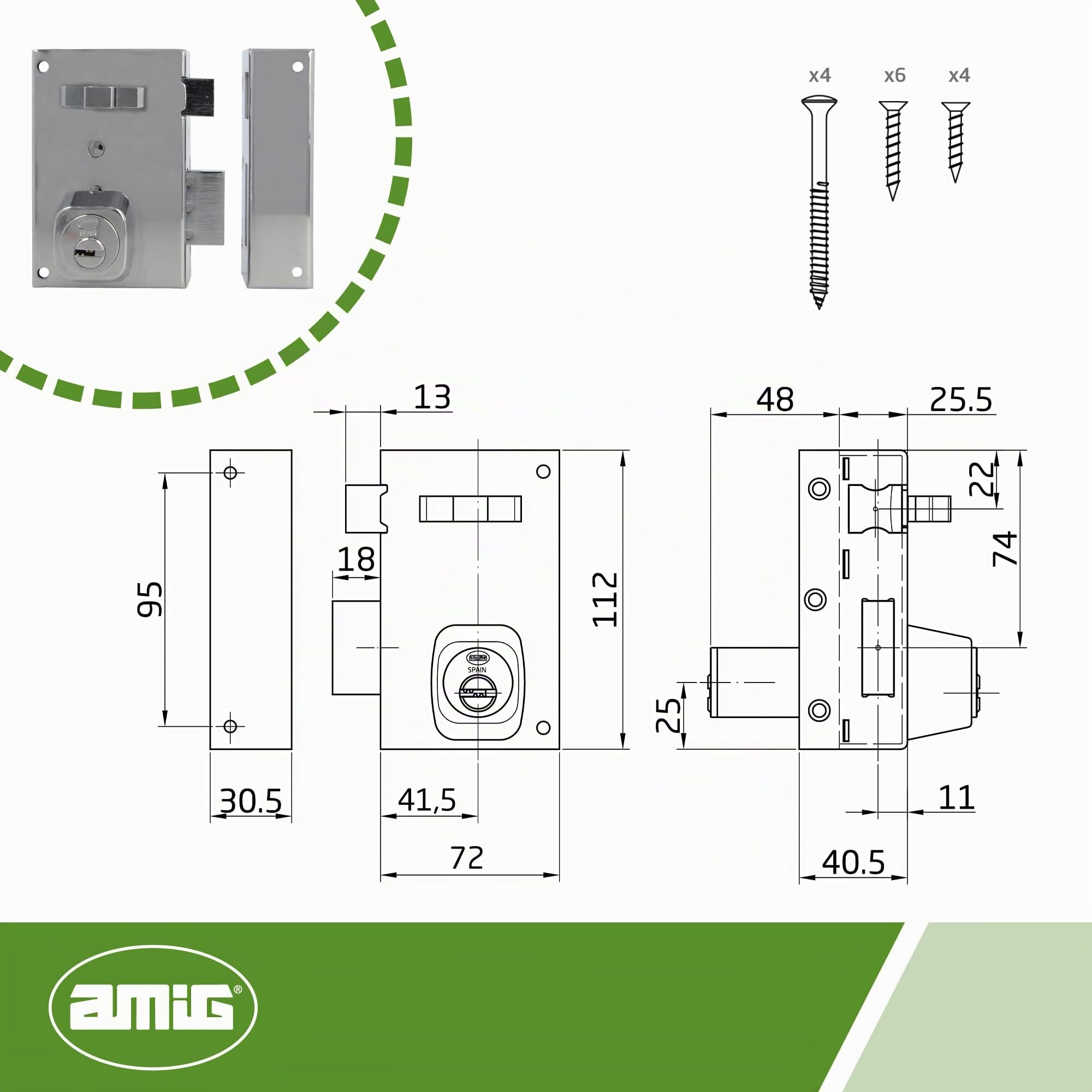 Amig - Verrou de rechange droit avec levier de fermeture, languette et poignée pour porte en bois Mod. 75, 72 x 112 mm, cylindre rond de sécurité, acier argenté