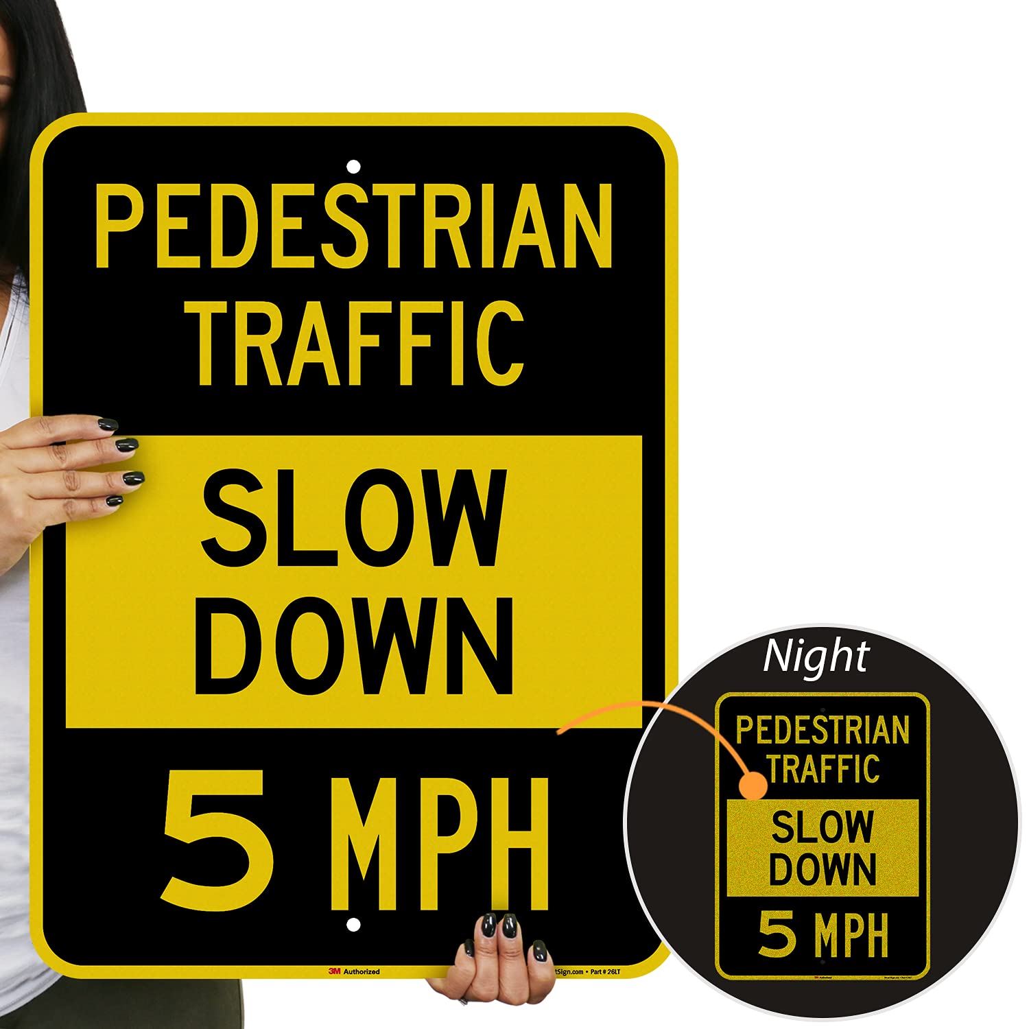 SmartSign 24 x 18 inch “Pedestrian Traffic - Slow Down, 5 MPH” Metal Sign, 80 mil Aluminum, 3M Laminated Engineer Grade Reflective Material, Black and Yellow