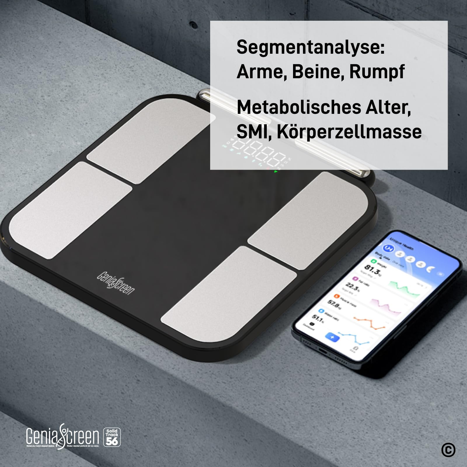 Körperfettwaage Digitale Personenwaage Smart mit 8 Elektroden 56 Messungen für Körpergewicht Gehärtetem Glas 32x30cm Tragkraft 180Kg LED-Display GeniaScreen SolidTrack - Muskelmasse Fett BMI Bluetooth