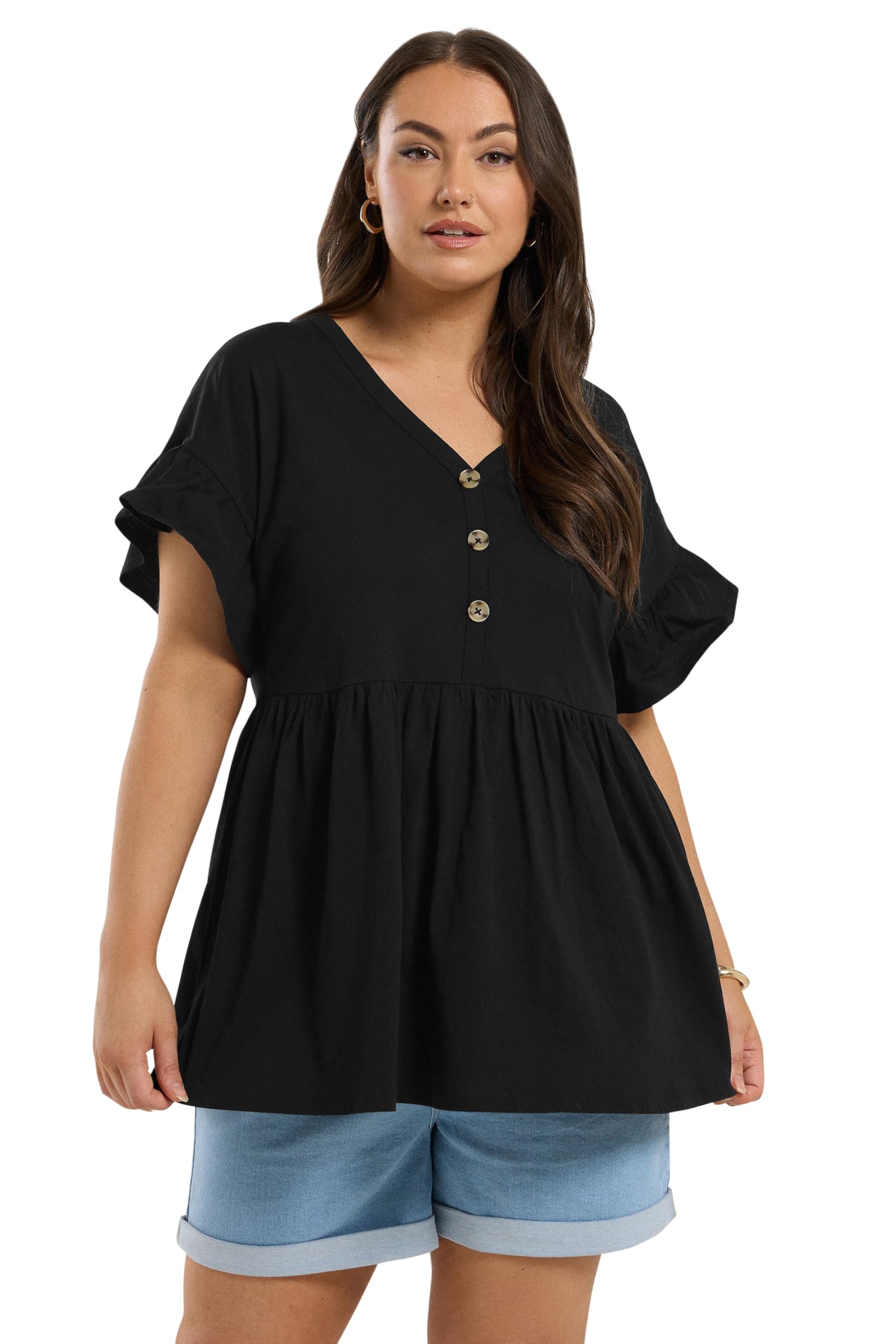 Yours Women's Black Curve Button Frill Sleeve Peplum Top - Plus Size Curve