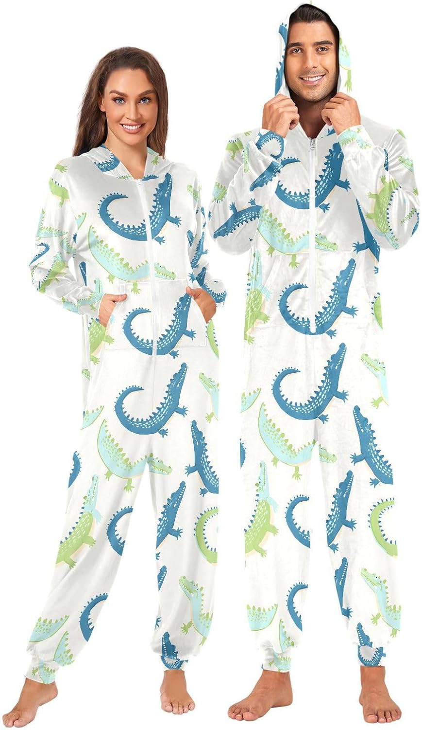 Alligator White Pattern Adult Onesie Pajamas Novelty One Piece Costume Sleepwear Jumpsuits Matching PJS