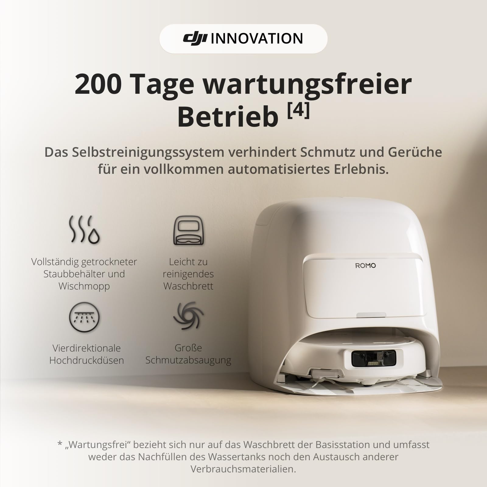 DJI ROMO S Saugroboter mit Wischfunktion, 25.000 Pa Saugkraft, Hinderniserkennung auf Drohnen-Niveau, Anti-Verwicklungsbürste, Selbstreinigende Basisstation, 200 Tage wartungsfrei, Weiß
