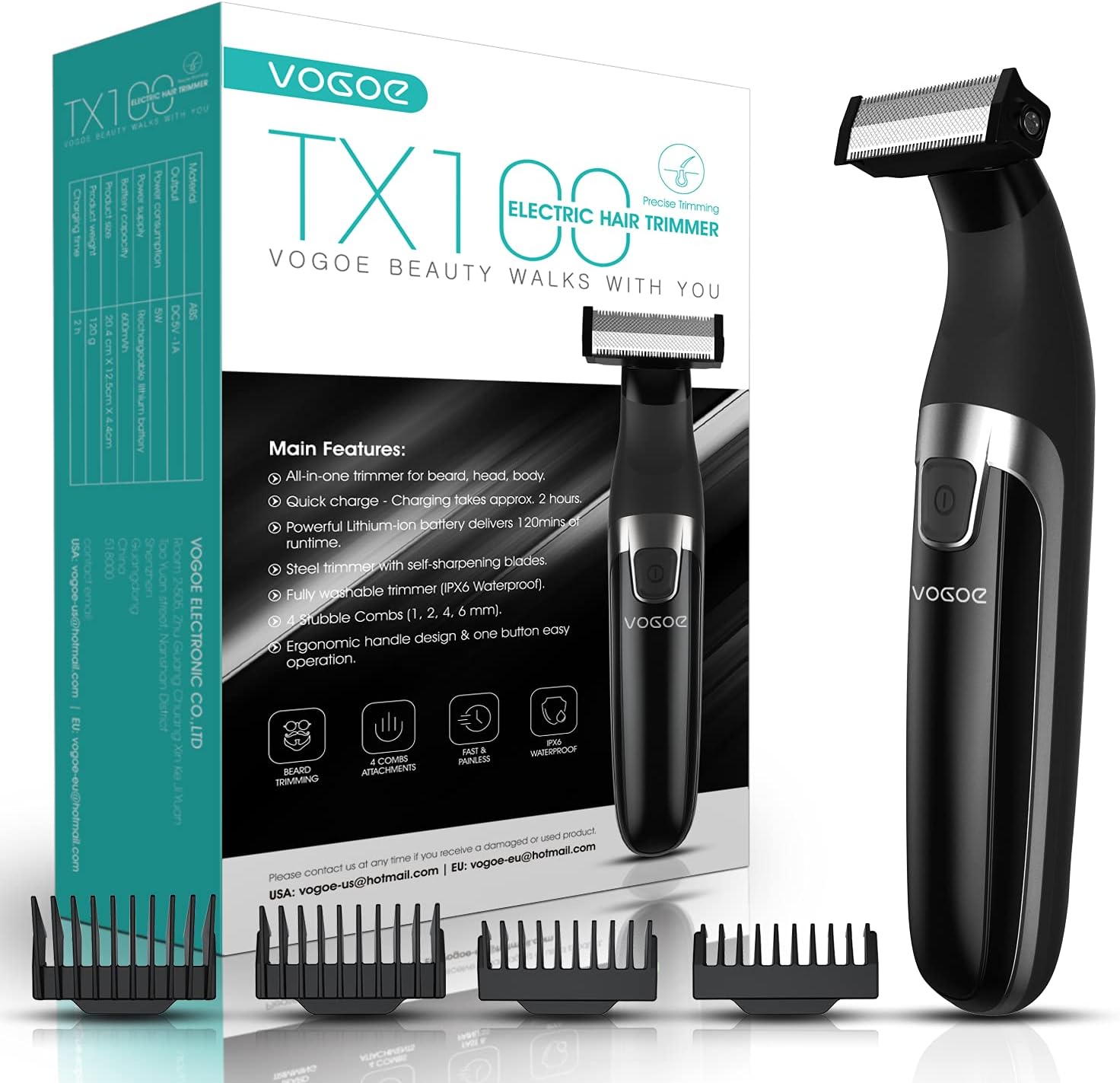 VOGOE Beard Trimmer for Men Electric Shaver for Mustache Body Head All-in-One Men's Cordless Groomer Hair Clippers and Adjustable Facial Grooming kit Rechargeable Waterproof TX100