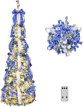 VINGLI 6ft Pre Lit Pop Up Flocked Pencil Christmas Tree with 150 Lights, Fully Decorated Collapsible Holiday Party Decoration Blue&Silver