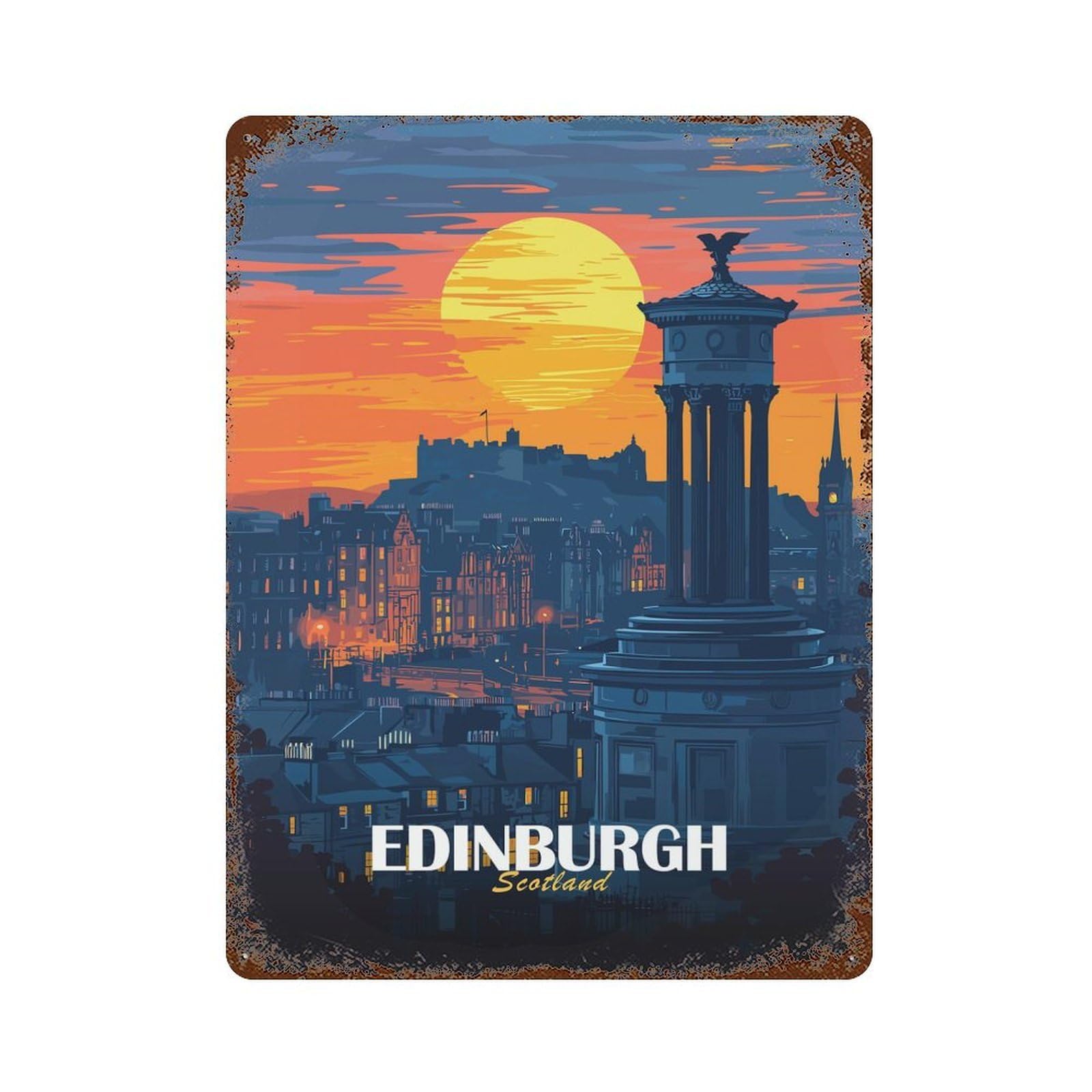 Edinburgh Scotland Cityscape at Sunset Weathered Tin Sign 15.7"x11.8", Vintage Wall Decor for Garage, Pub Or Kitchen