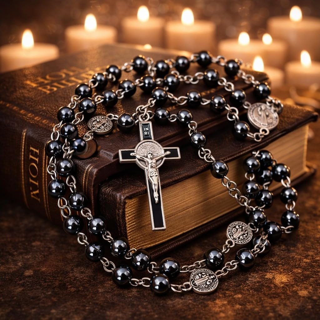 TALISMAN4U CATHOLIC ROSARY NECKLACE Black Hematite Beads Saint St Benedict Medal & Cross Gift Box