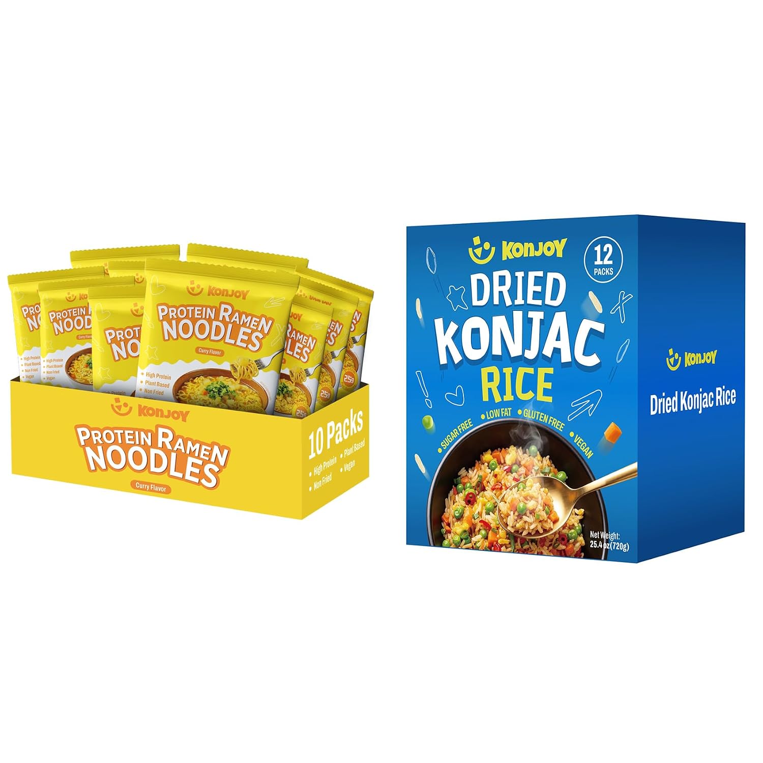 KONJOY Curry Protein Ramen & Konjac Rice Bundle – 10-Pack High Protein Curry Ramen with Dried Shirataki Rice (12 Pack), Low Carb, Vegan, Healthy Meal Combo