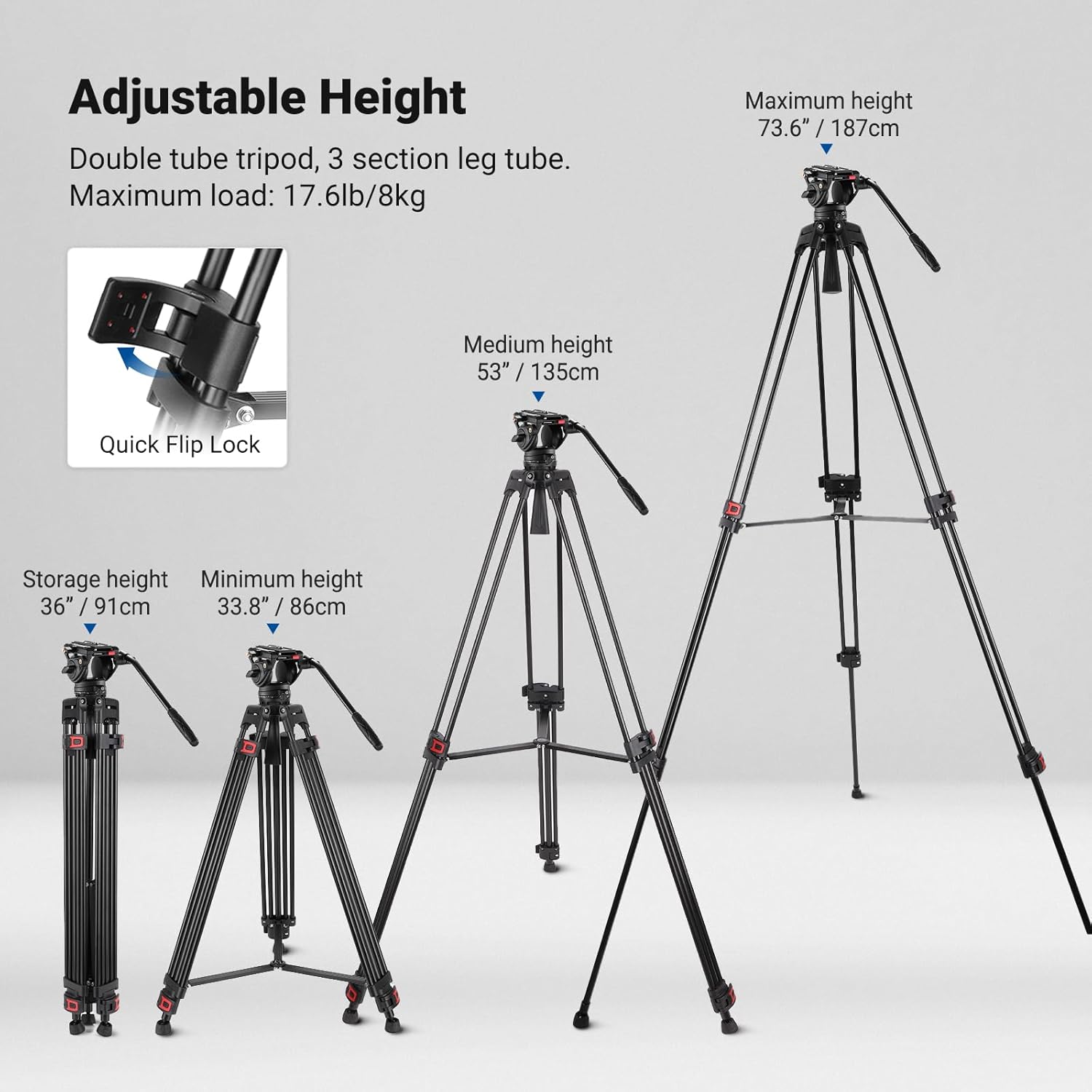 neewer 74" video tripod with fluid head, qr plate , aluminum heavy duty camera tripod professional for dslr cameras camcorders, max load 17.6lb/8kg, tp74