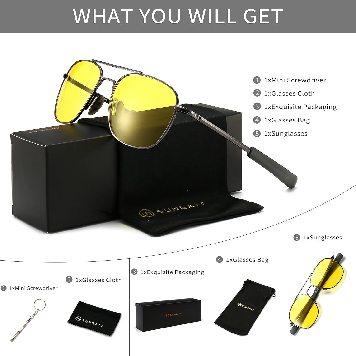 SUNGAIT Men's Military Style Polarized Pilot Aviator Sunglasses Bayonet Temples 2025 Night Yellow Lens/Gunmetal Frame image 6 of 6 B0839F9CC2