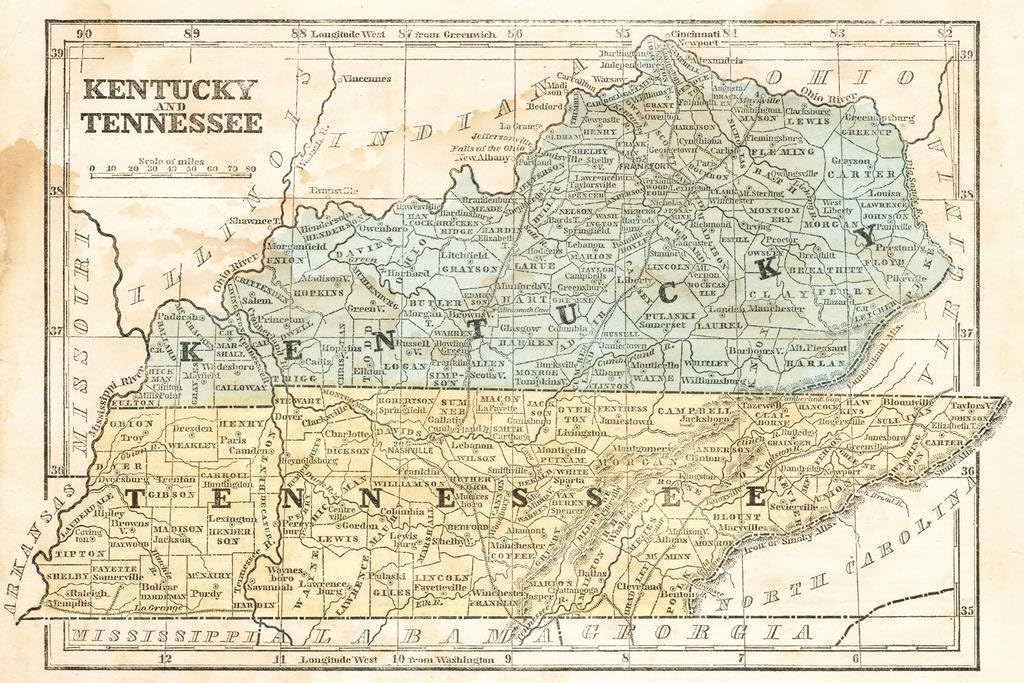 Kentucky and Tennessee Vintage 1855 Antique Style Map Travel World Map with Cities in Detail Map Posters for Wall Map Art Wall Decor Geographical Illustration Cool Wall Art Print Poster 36x24