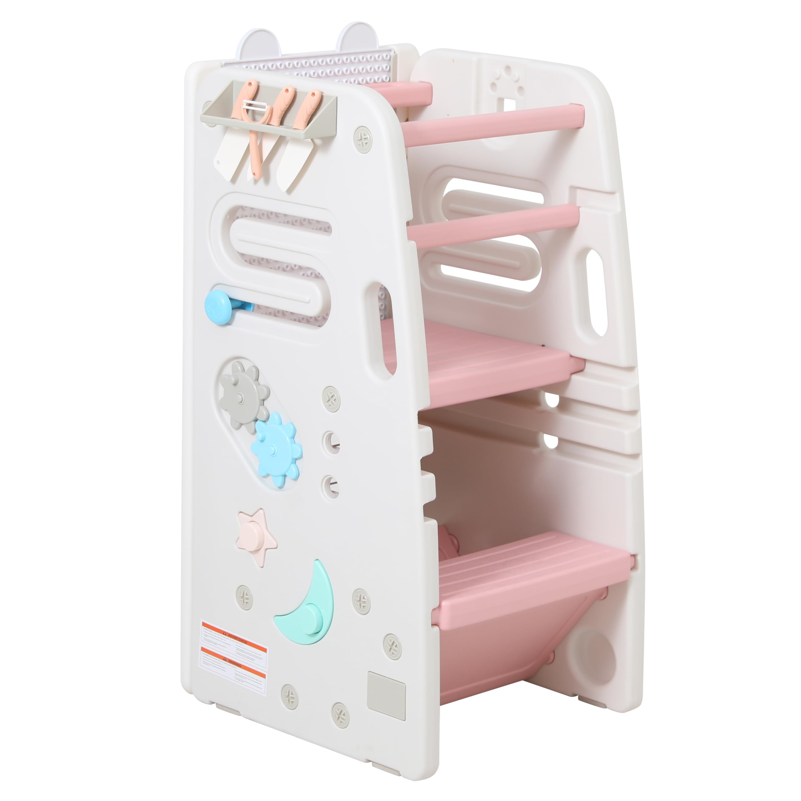 SDADI Kids Kitchen Step Stool, Multifunctional Toddler Kitchen Stool Helper with Safety Rail,Baby Standing Tower for Counter with Whiteboard and Toys, Beige and Pink