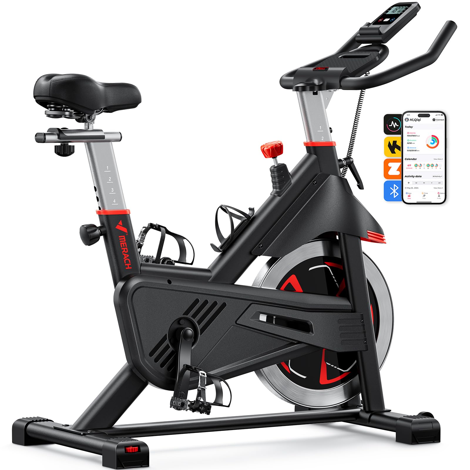 merach exercise bike for home gym, low noise stationary bike with brake pad, indoor workout bike with self-developed app, tablet mount and fitness courses for weight loss, 300 lb weight capacity