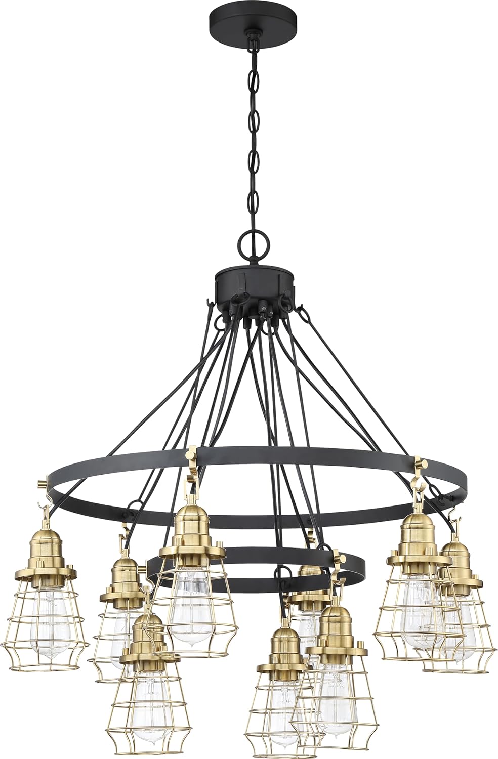 Craftmade 50623-FBBNK Thatcher Vintage Industrial Metal Wire Cage Down Chandelier, 3-Light 300 Watts, Flat Black/Brushed Polished Nickel